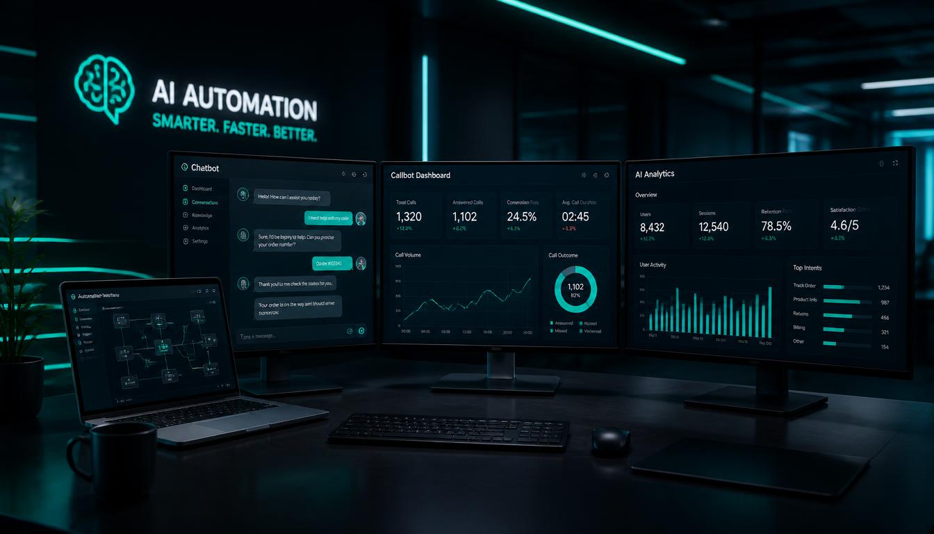 Bureau moderne avec écrans affichant des interfaces de chatbot, callbot et analytics IA, illustrant les solutions intelligentes de CLUB IA